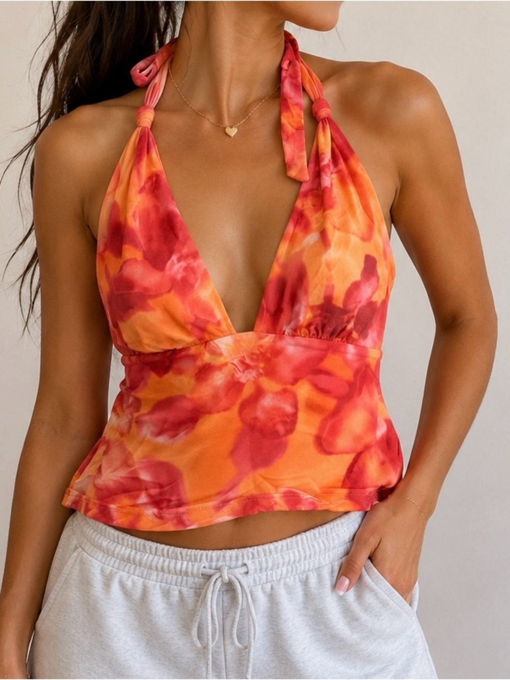 wild fable Orange and Red Tie-Back Halter Floral Camisole